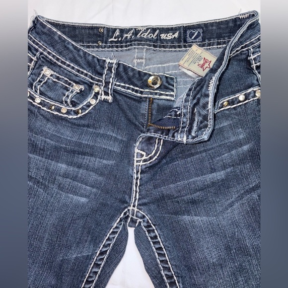 L.A. Idol Size 7/30 Dark Wash Embellished Y2K Low Rise Babydoll Bootcut Jeans - Picture 6 of 11